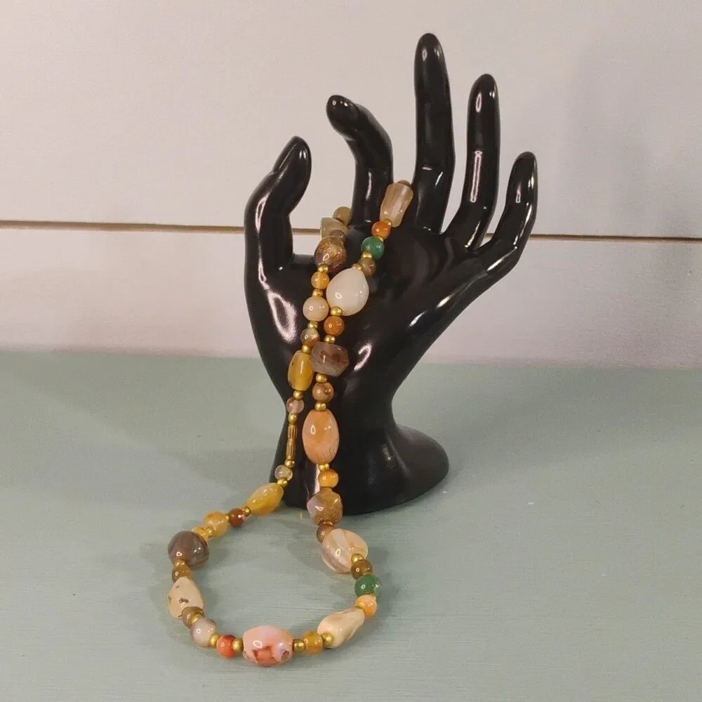 Bohemian Beggars Beads Natural Agate & Jade Beaded Necklace Barrel Clasp